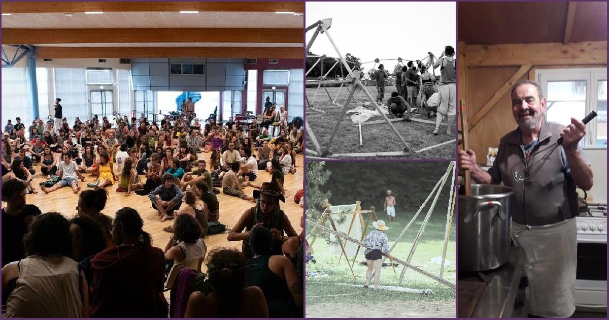 montage photos avec une salle remplie de bénévoles , 2 photos de benevoles montant des structures et notre super chef cuittote
